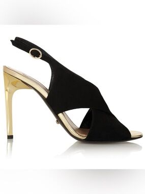 DIANE von FURSTENBERG Vick Black Suede Gold Heels Sling Back Sandals Sz 8.5 B